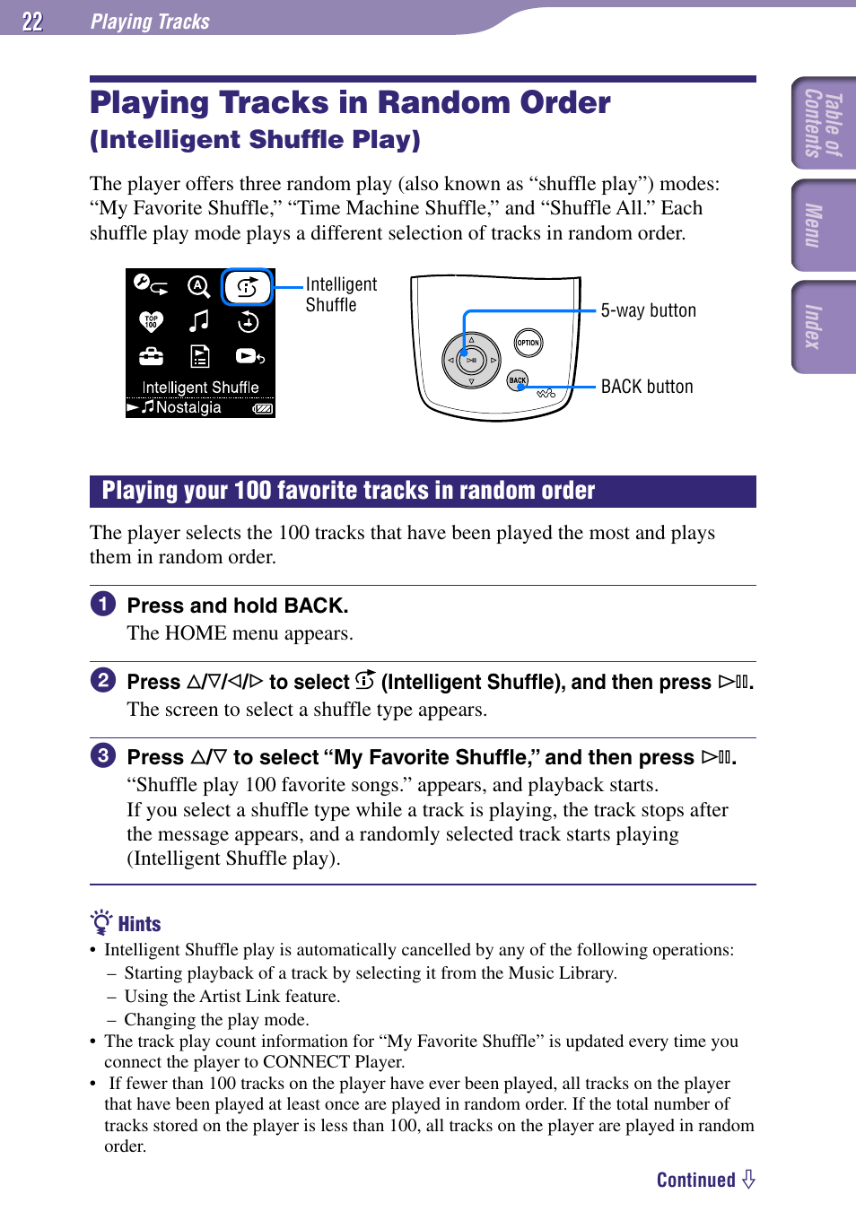 Playing tracks in random order, Intelligent shufﬂe play), Playing your 100 favorite tracks | In random order, Playing your 100 favorite tracks in random order | Sony NW-A1000 Series User Manual | Page 22 / 94