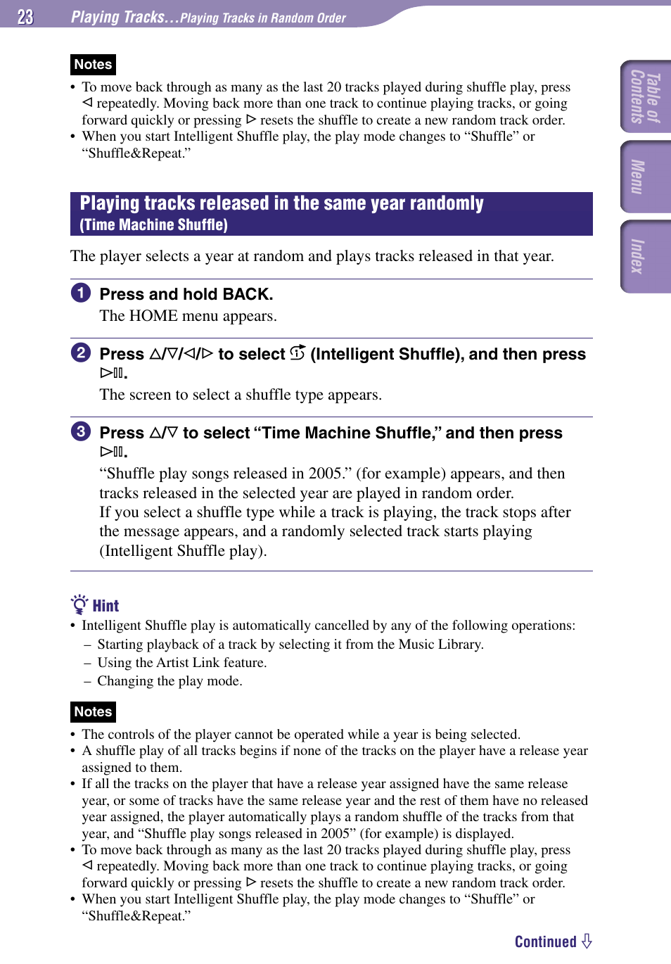 Playing tracks released in the same year, Randomly (time machine shufﬂe), Playing tracks released in the same year randomly | Sony NW-A1000 Series User Manual | Page 23 / 94