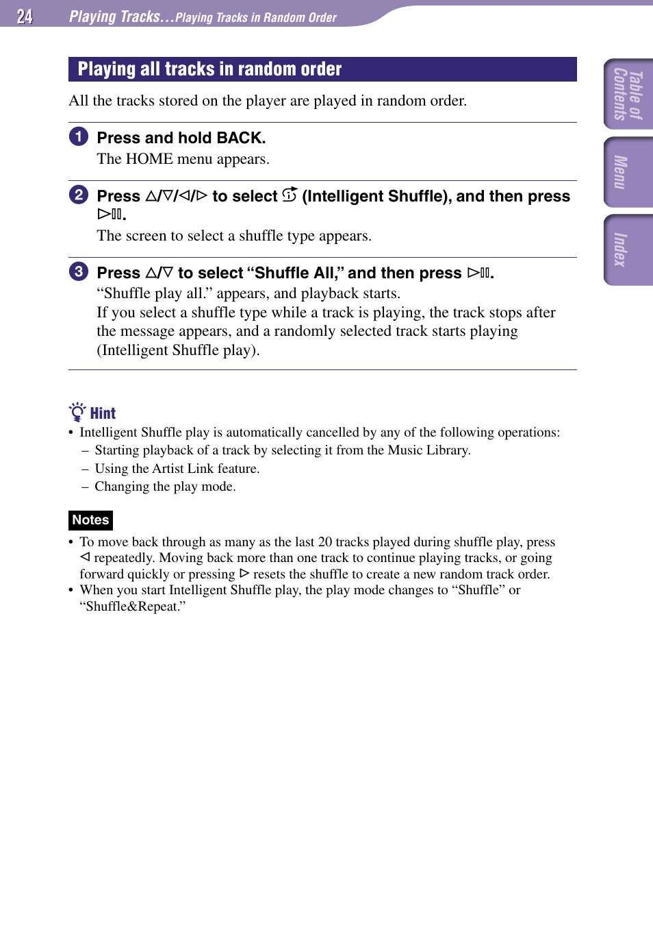 Playing all tracks in random order | Sony NW-A1000 Series User Manual | Page 24 / 94