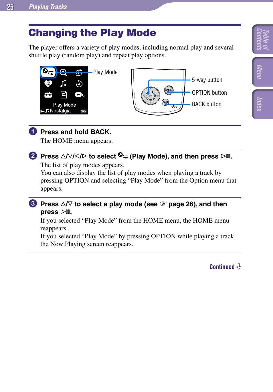 Changing the play mode | Sony NW-A1000 Series User Manual | Page 25 / 94