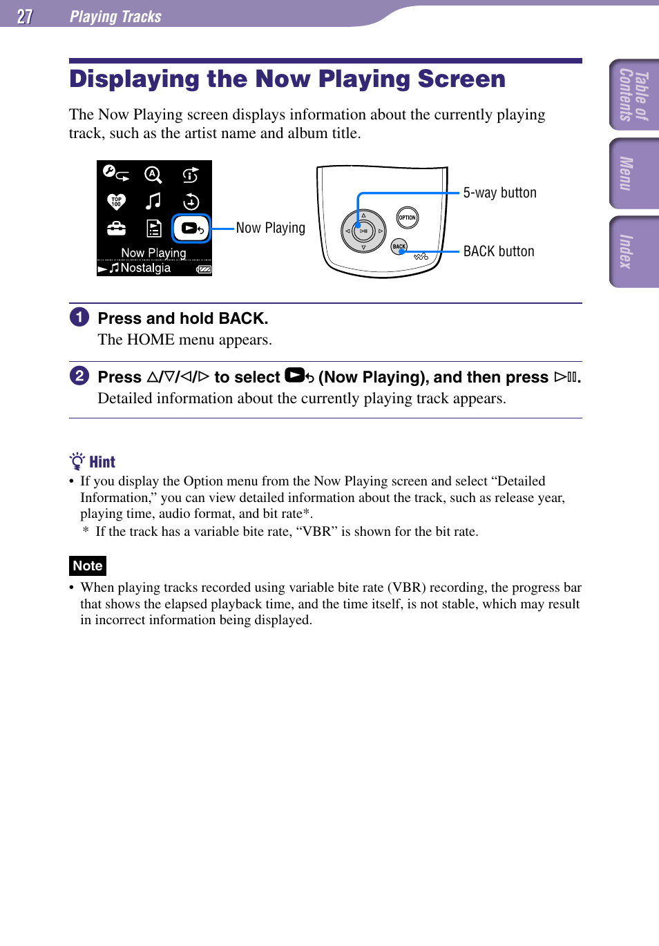 Displaying the now playing screen | Sony NW-A1000 Series User Manual | Page 27 / 94