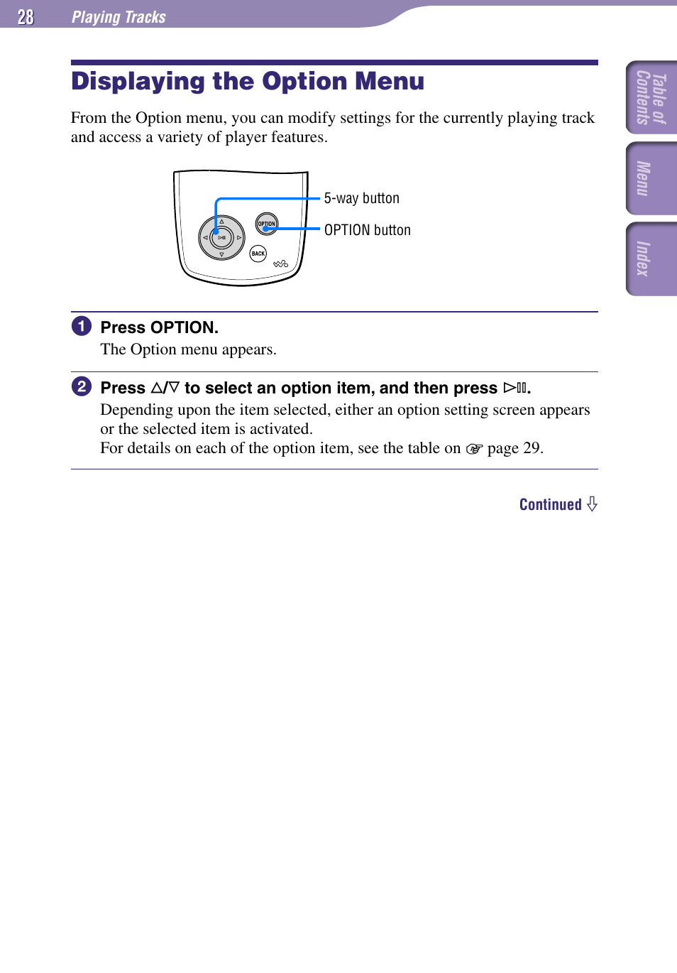 Displaying the option menu | Sony NW-A1000 Series User Manual | Page 28 / 94