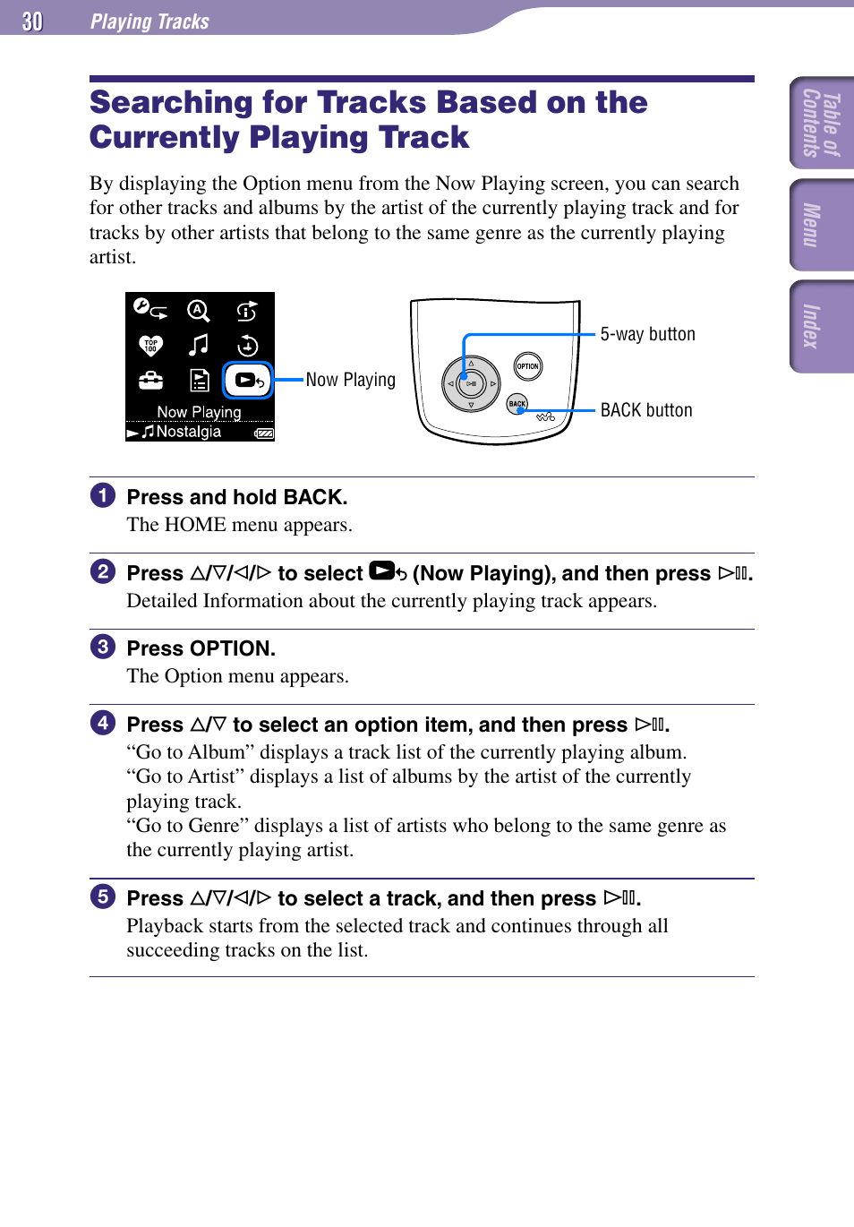 Searching for tracks based on the, Currently playing track | Sony NW-A1000 Series User Manual | Page 30 / 94