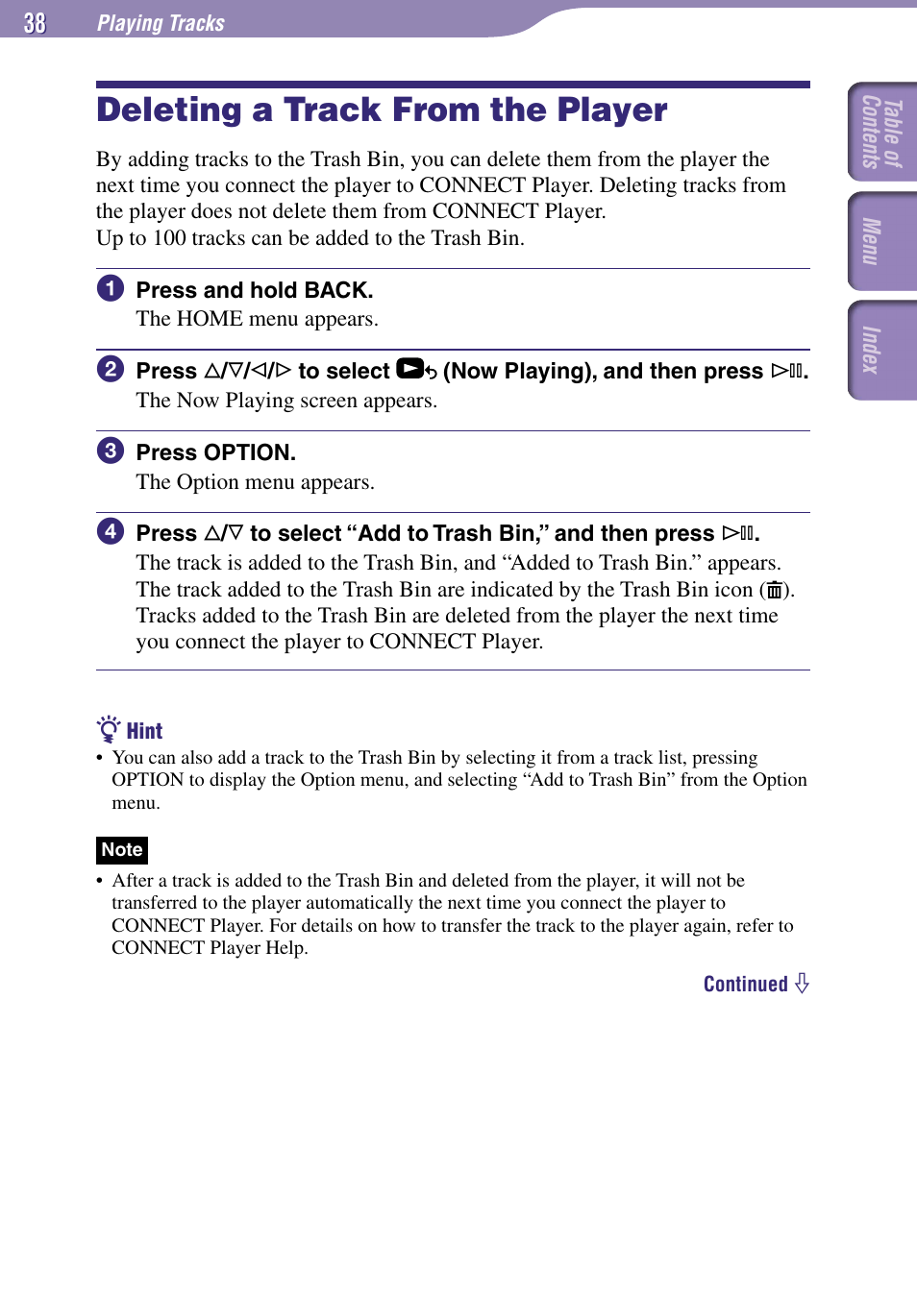 Deleting a track from the player | Sony NW-A1000 Series User Manual | Page 38 / 94