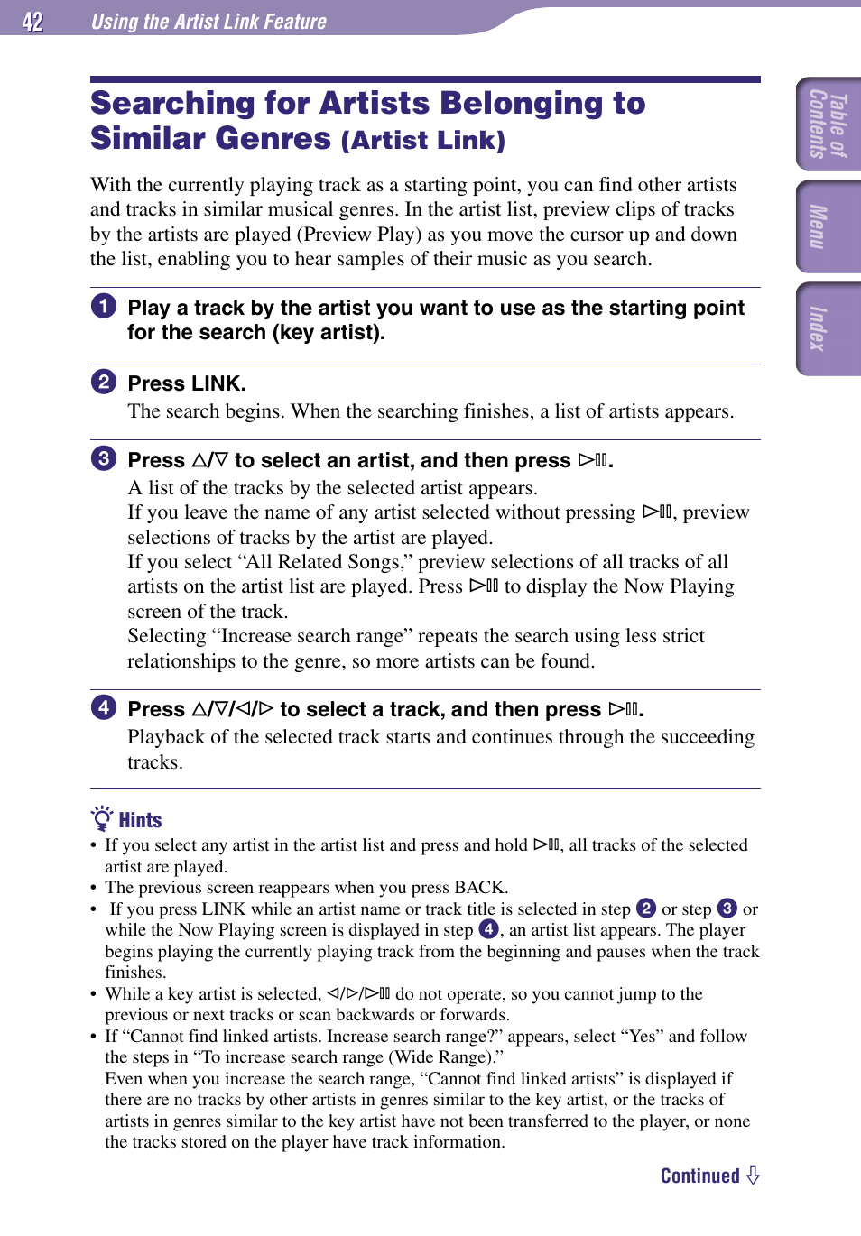 Using the artist link feature, Searching for artists belonging to, Similar genres (artist link) | Searching for artists belonging to similar genres, Artist link) | Sony NW-A1000 Series User Manual | Page 42 / 94