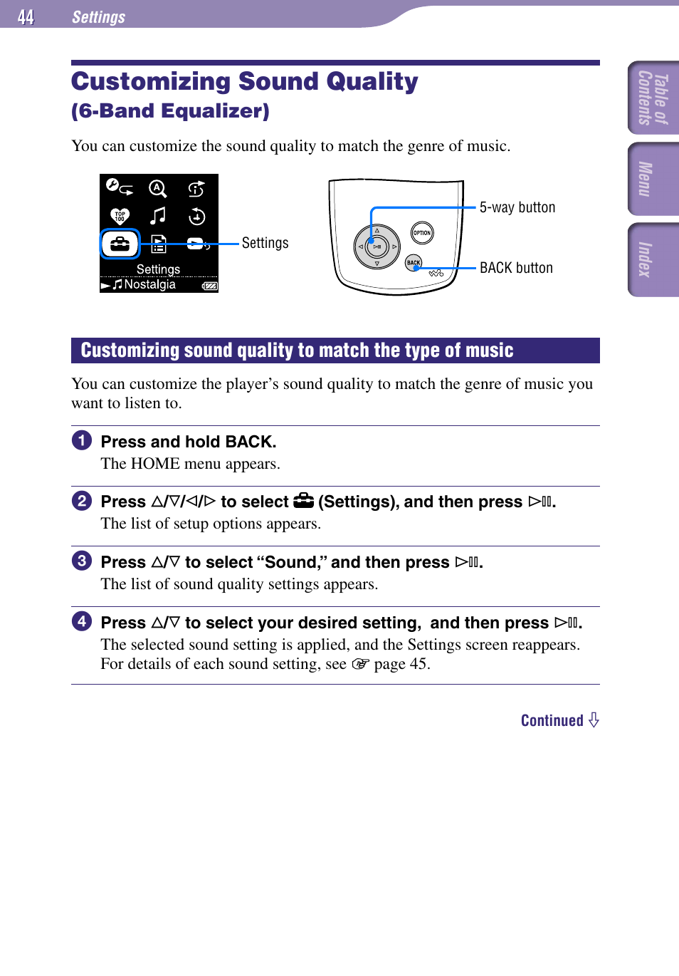 Settings, Customizing sound quality, Band equalizer) | Sony NW-A1000 Series User Manual | Page 44 / 94