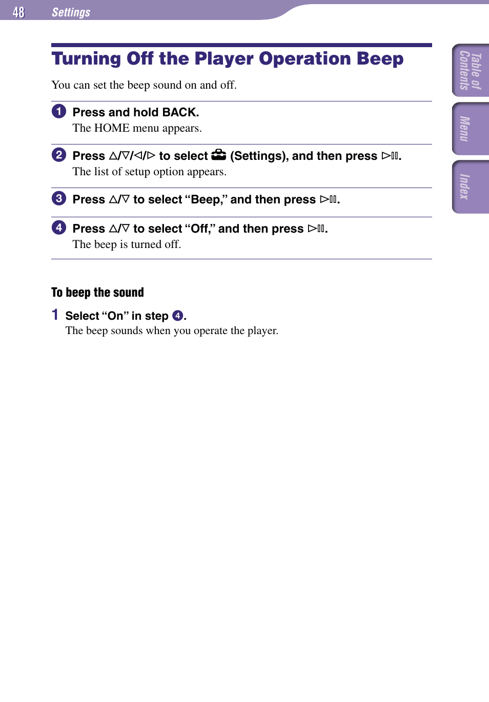 Turning off the player, Operation beep, Turning off the player operation beep | Sony NW-A1000 Series User Manual | Page 48 / 94