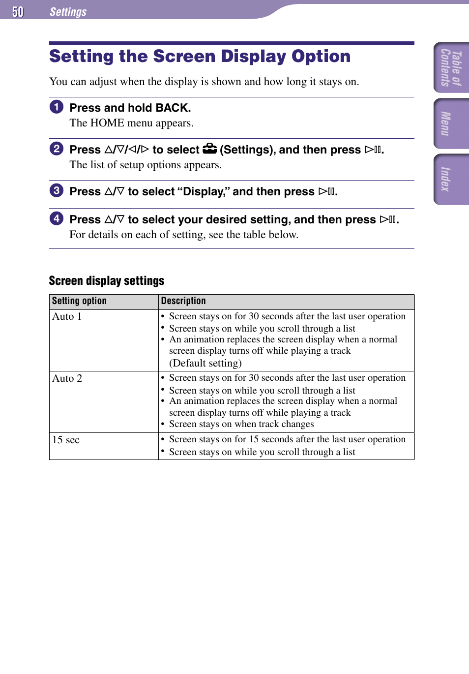 Setting the screen display option | Sony NW-A1000 Series User Manual | Page 50 / 94