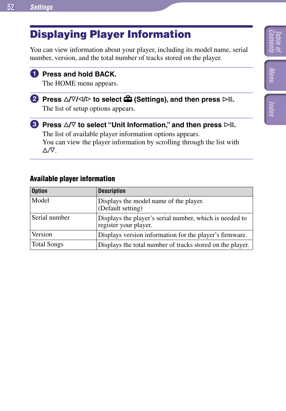 Displaying player information | Sony NW-A1000 Series User Manual | Page 52 / 94