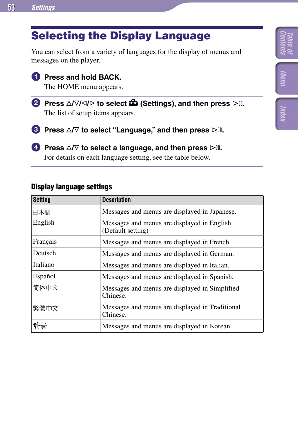 Selecting the display language | Sony NW-A1000 Series User Manual | Page 53 / 94