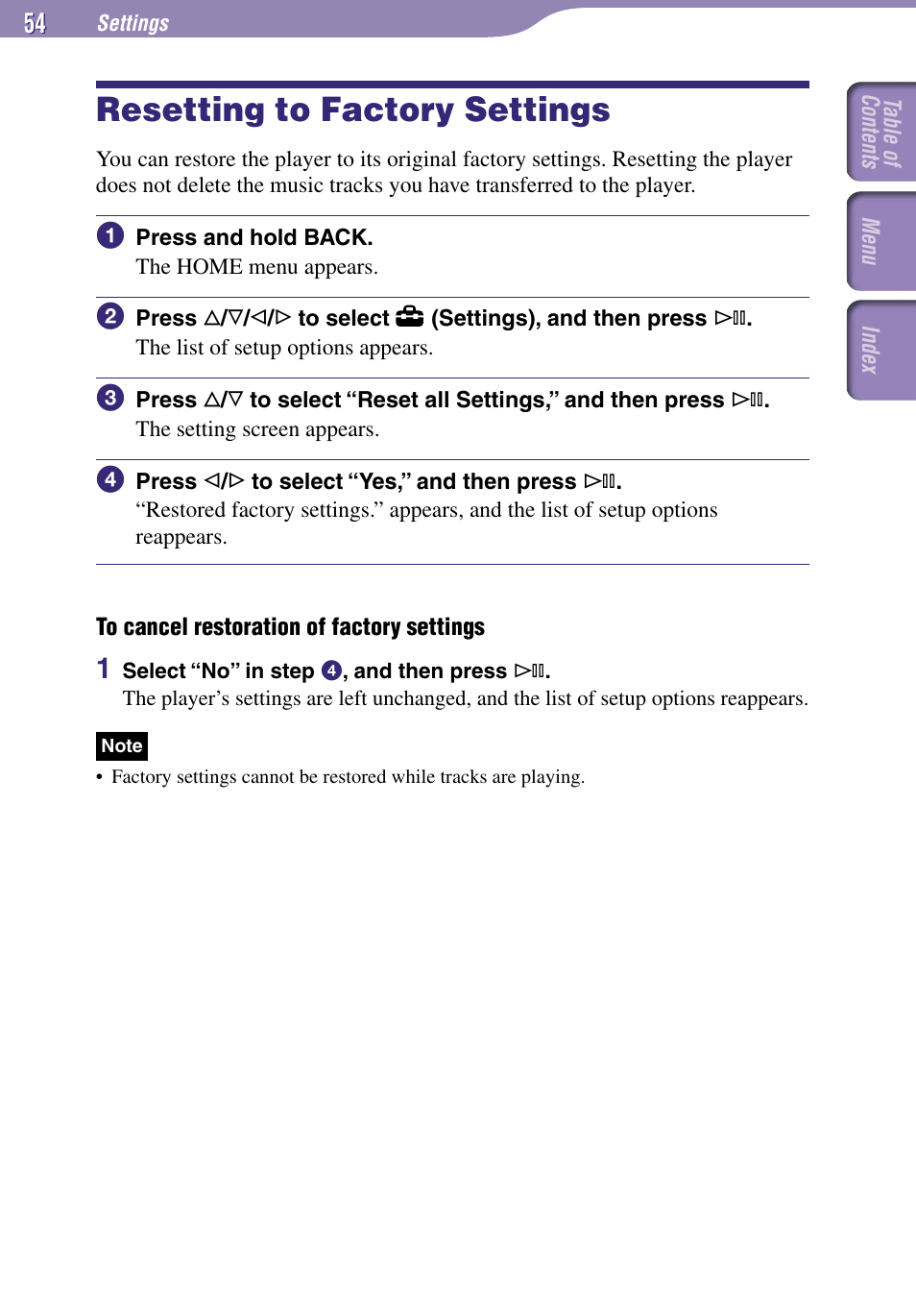 Resetting to factory settings | Sony NW-A1000 Series User Manual | Page 54 / 94