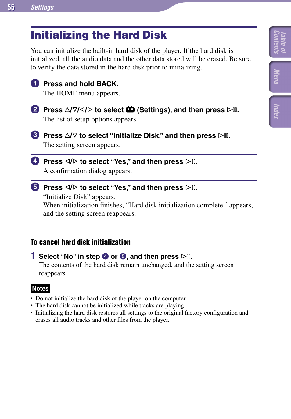 Initializing the hard disk | Sony NW-A1000 Series User Manual | Page 55 / 94