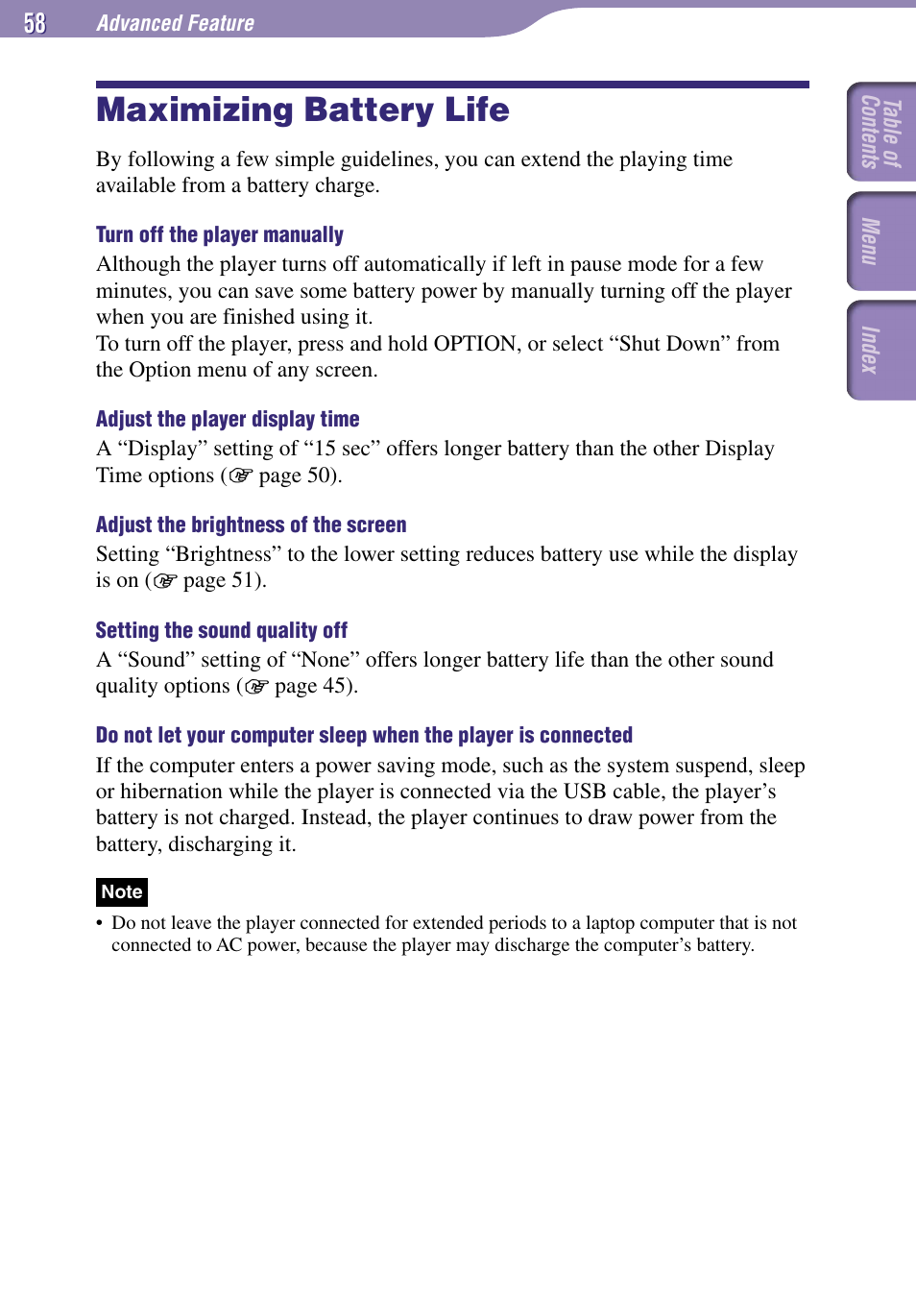 Maximizing battery life | Sony NW-A1000 Series User Manual | Page 58 / 94