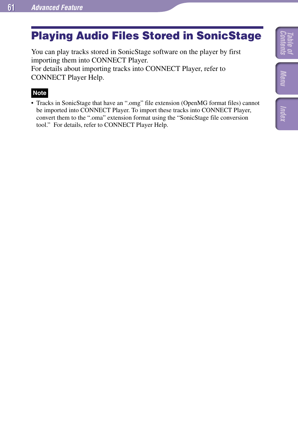 Playing audio files stored in, Sonicstage, Playing audio files stored in sonicstage | Sony NW-A1000 Series User Manual | Page 61 / 94