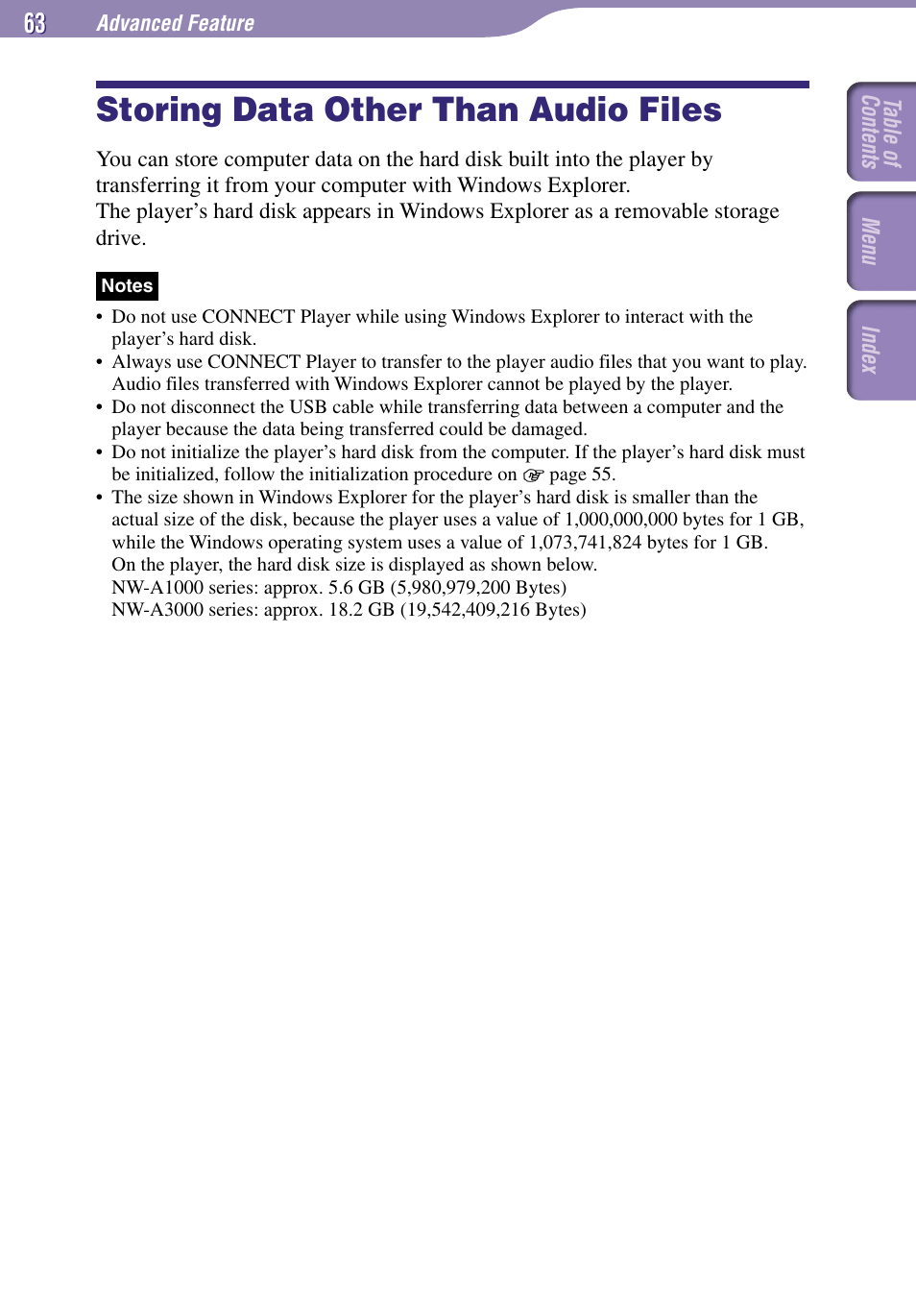 Storing data other than, Audio files, Storing data other than audio files | Sony NW-A1000 Series User Manual | Page 63 / 94