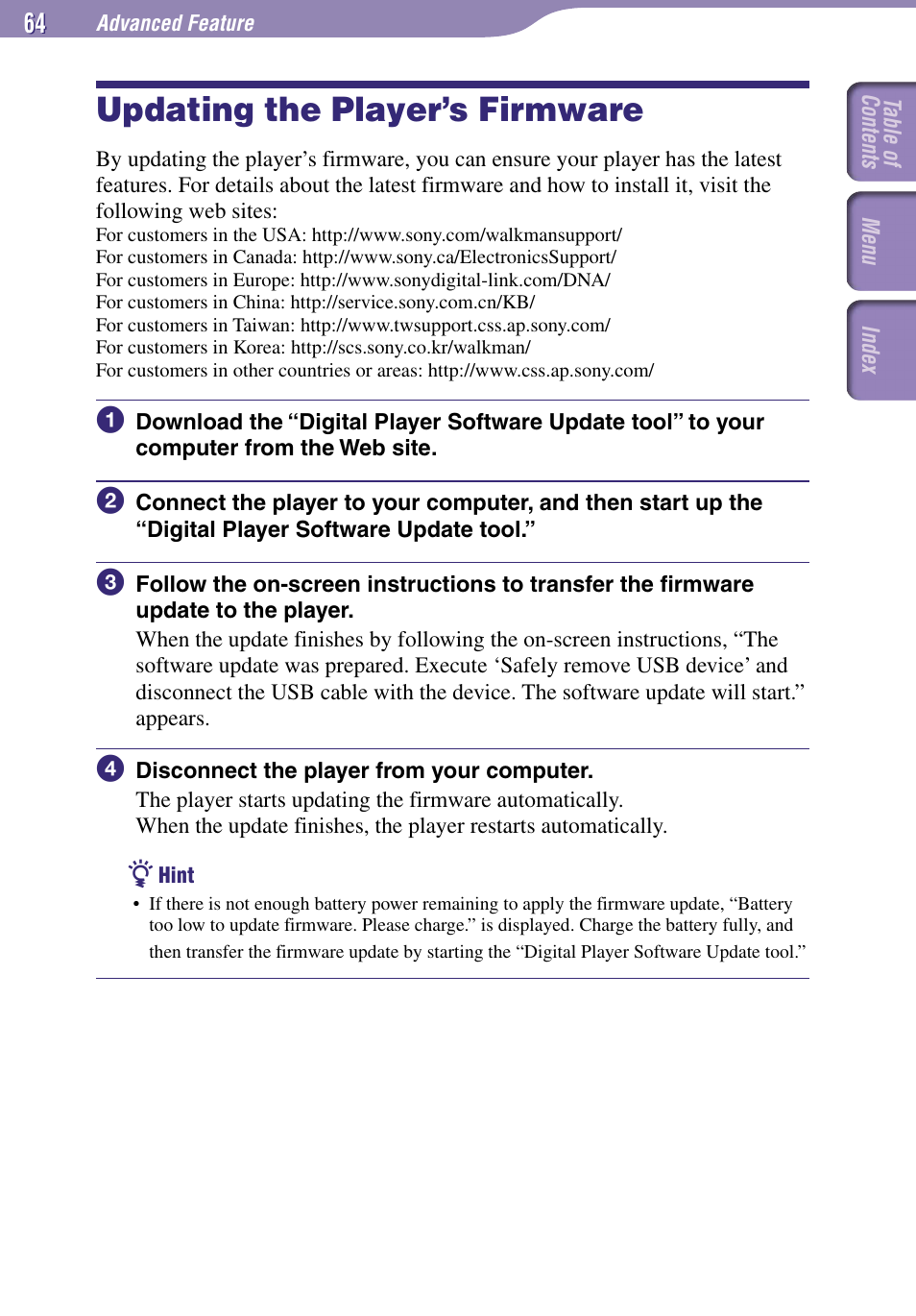 Updating the player’s firmware | Sony NW-A1000 Series User Manual | Page 64 / 94