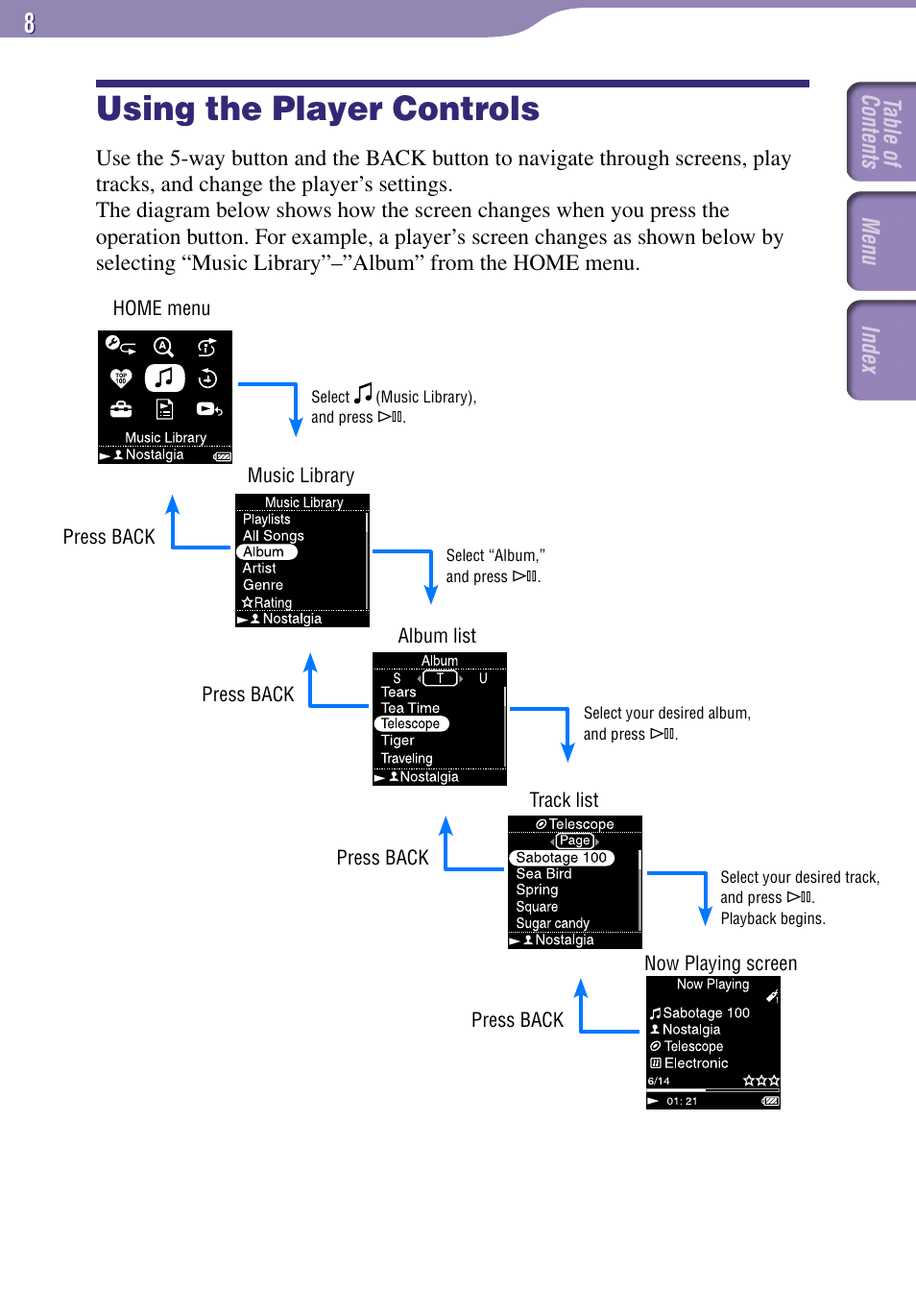 Using the player controls | Sony NW-A1000 Series User Manual | Page 8 / 94