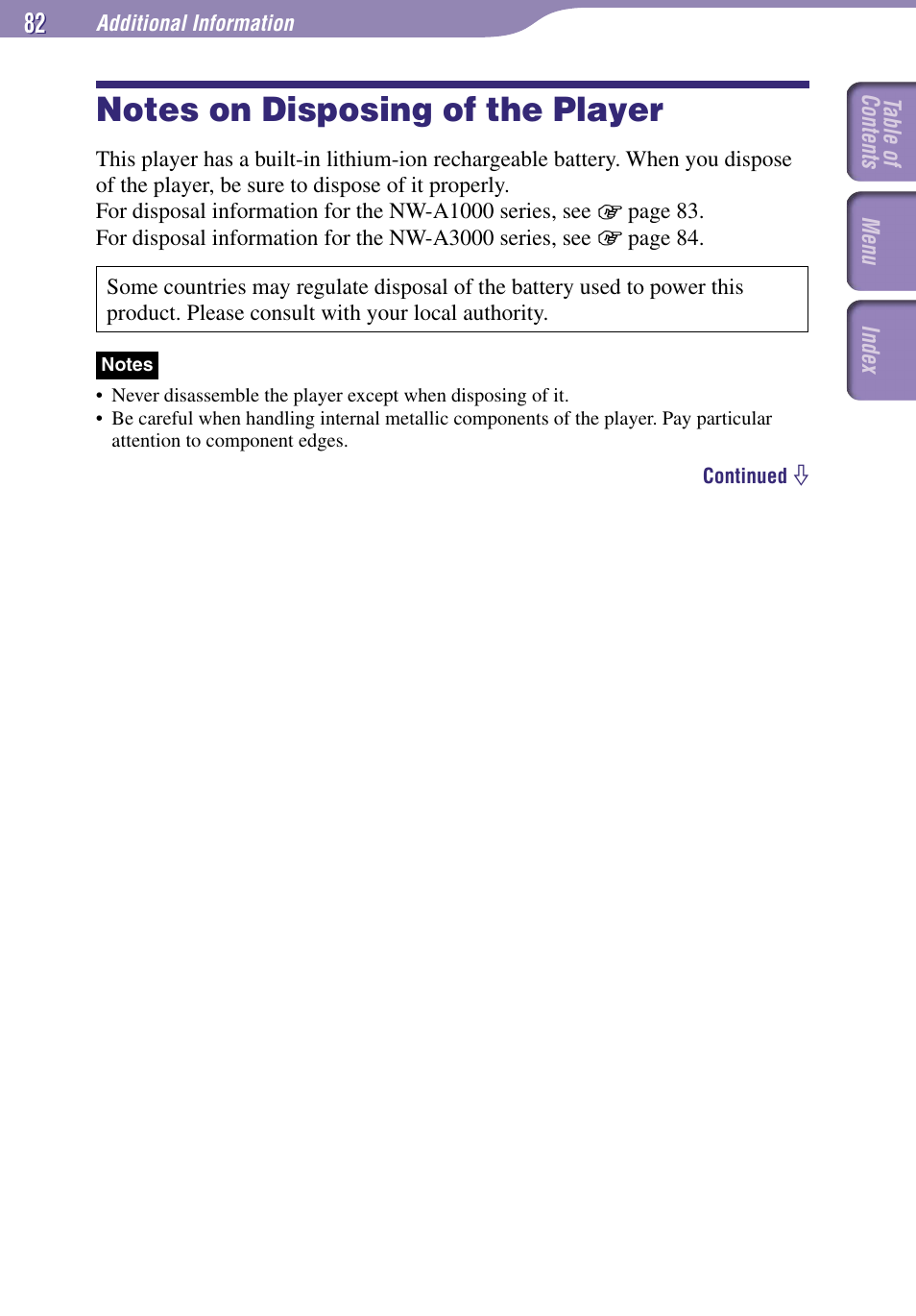 Notes on disposing of the player | Sony NW-A1000 Series User Manual | Page 82 / 94