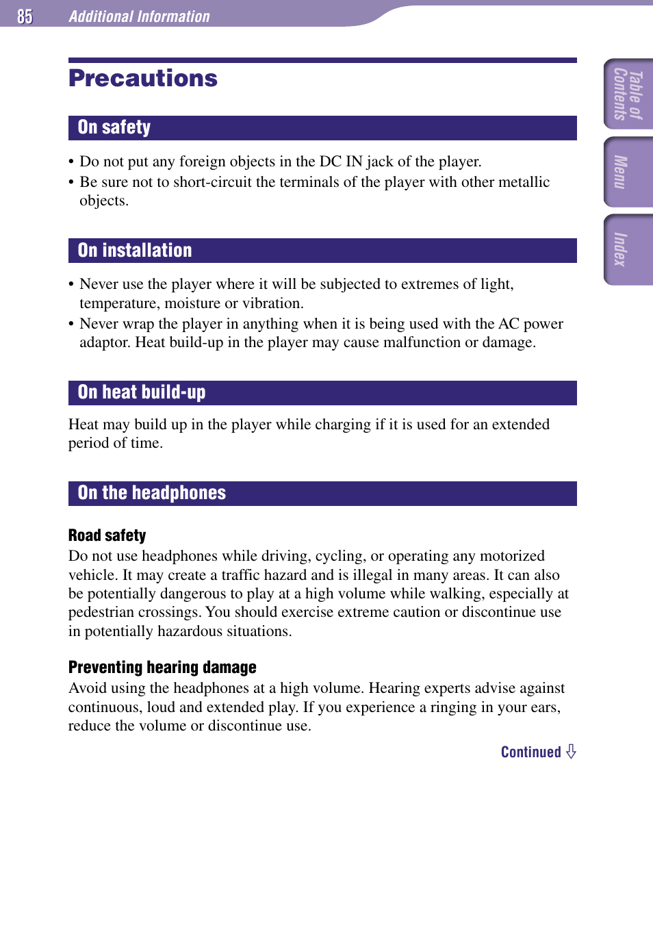 Precautions, On safety, On installation | On heat build-up, On the headphones | Sony NW-A1000 Series User Manual | Page 85 / 94