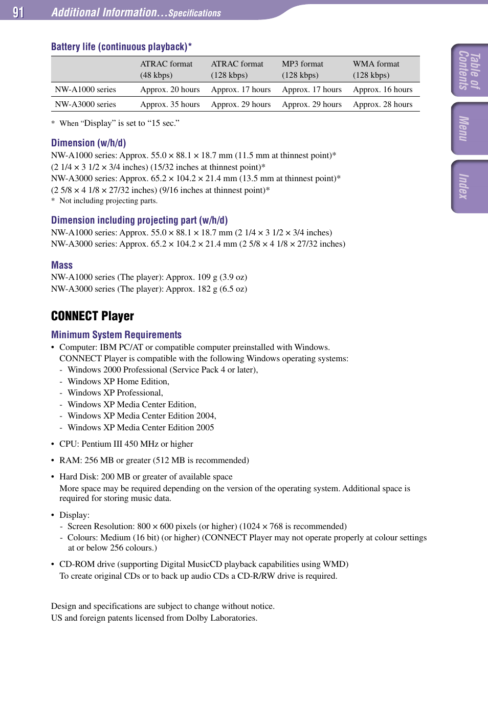 Connect player, Table of contents index menu, Additional information | Sony NW-A1000 Series User Manual | Page 91 / 94