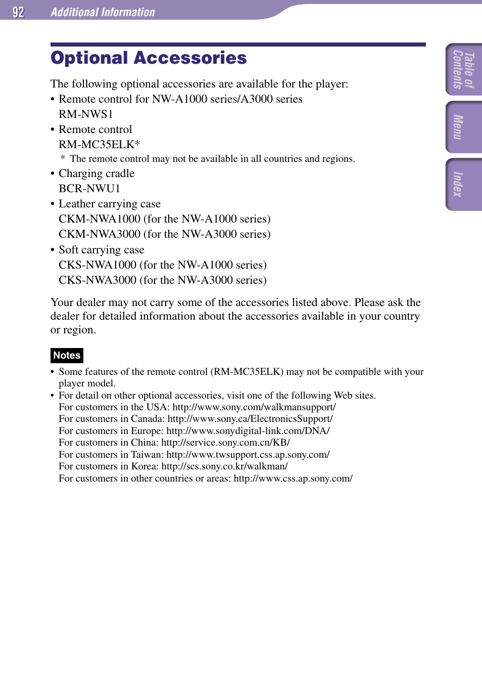 Optional accessories | Sony NW-A1000 Series User Manual | Page 92 / 94