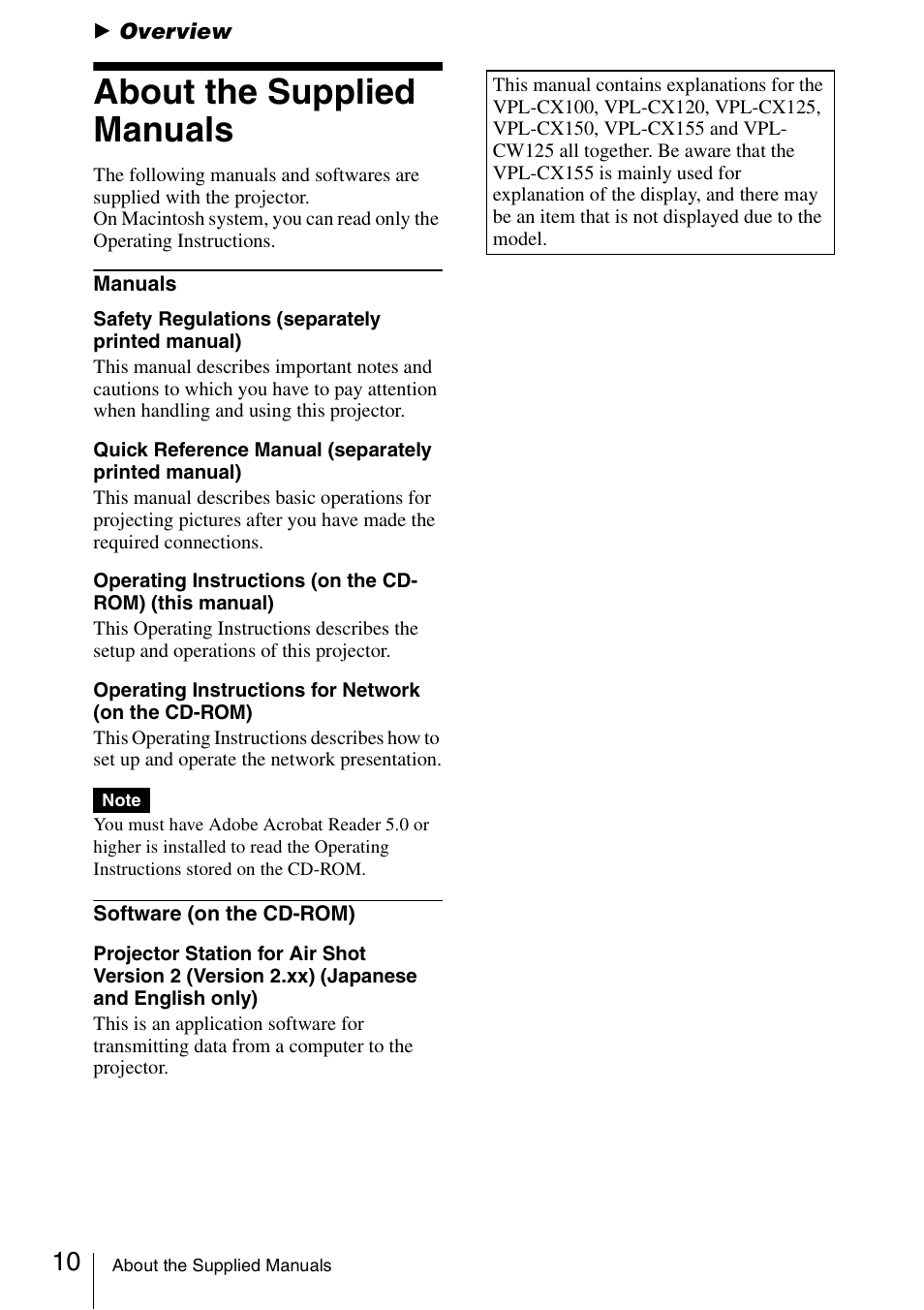 Overview, About the supplied manuals | Sony Data Projector VPL-CX150 User Manual | Page 10 / 70