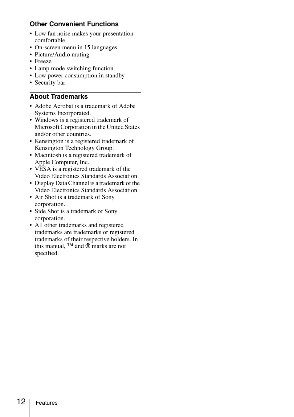 Sony Data Projector VPL-CX150 User Manual | Page 12 / 70