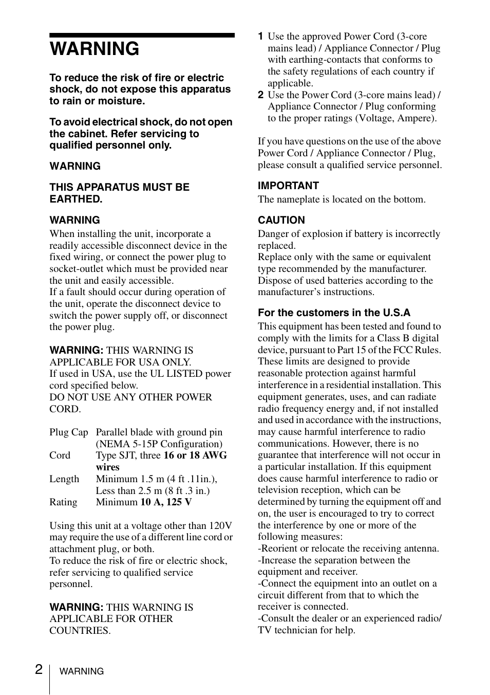 Warning | Sony Data Projector VPL-CX150 User Manual | Page 2 / 70