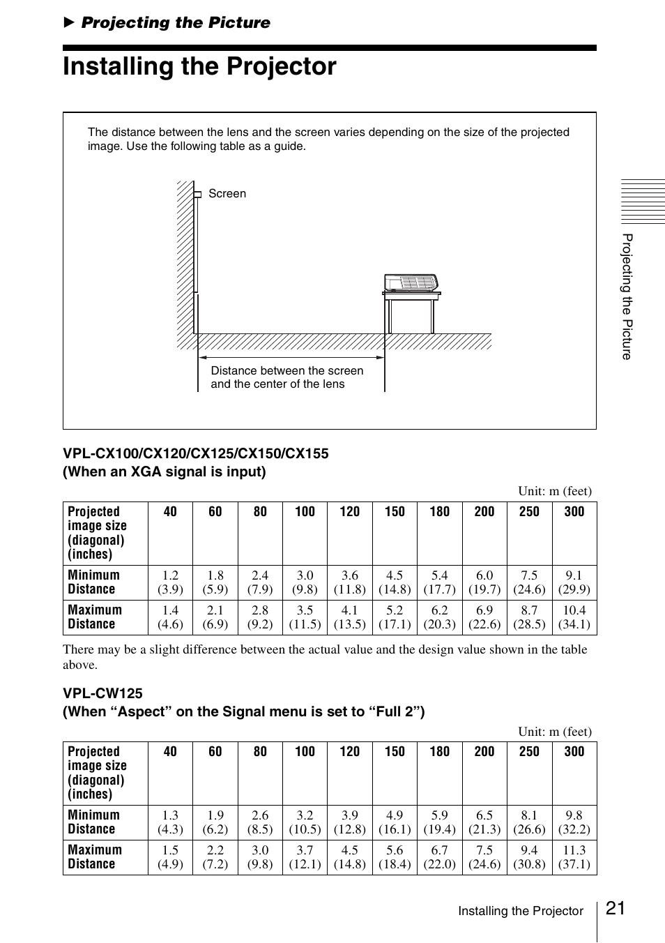 Projecting the picture, Installing the projector | Sony Data Projector VPL-CX150 User Manual | Page 21 / 70