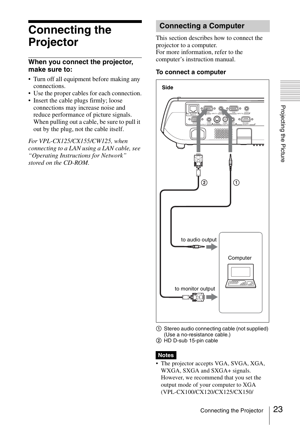 Connecting the projector, Connecting a computer, When you connect the projector, make sure to | Sony Data Projector VPL-CX150 User Manual | Page 23 / 70