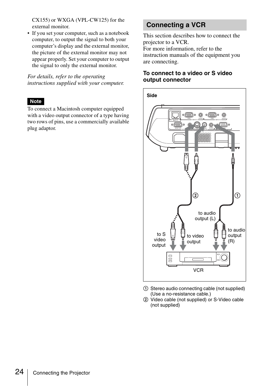 Connecting a vcr, Connecting the projector, A stereo audio connecting cable (not supplied) | Sony Data Projector VPL-CX150 User Manual | Page 24 / 70