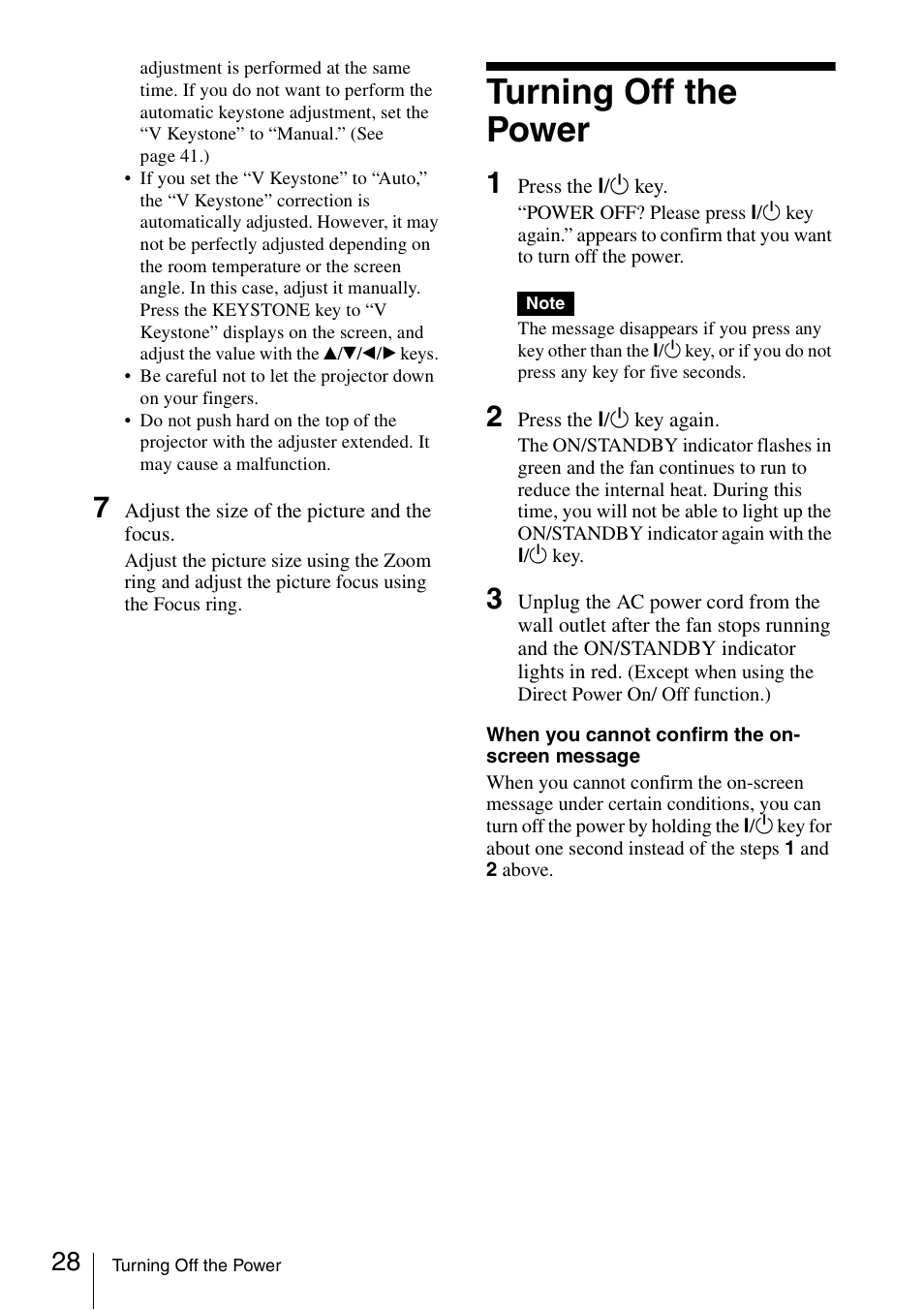 Turning off the power | Sony Data Projector VPL-CX150 User Manual | Page 28 / 70