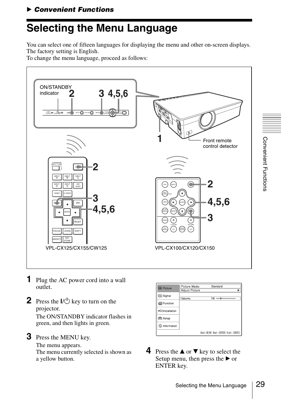 Convenient functions, Selecting the menu language, B convenient functions | Plug the ac power cord into a wall outlet, Press the ?/1 key to turn on the projector, Press the menu key, Or enter key, Co n v en ient fun c tions | Sony Data Projector VPL-CX150 User Manual | Page 29 / 70