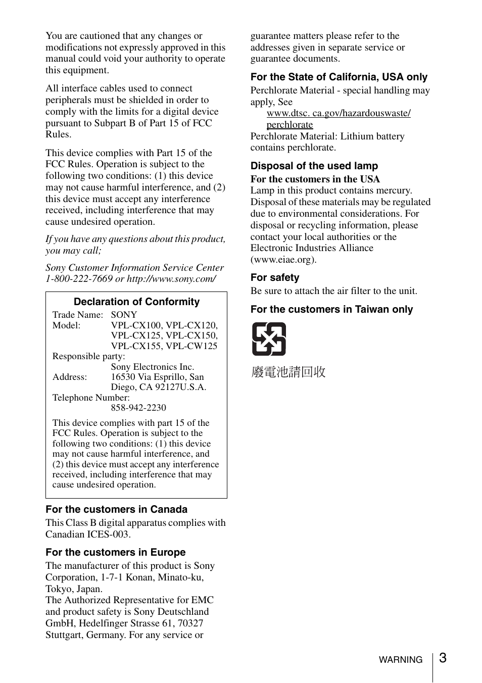 Sony Data Projector VPL-CX150 User Manual | Page 3 / 70