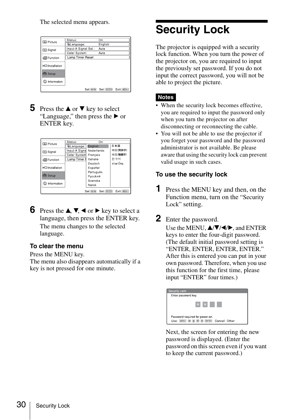 Security lock | Sony Data Projector VPL-CX150 User Manual | Page 30 / 70