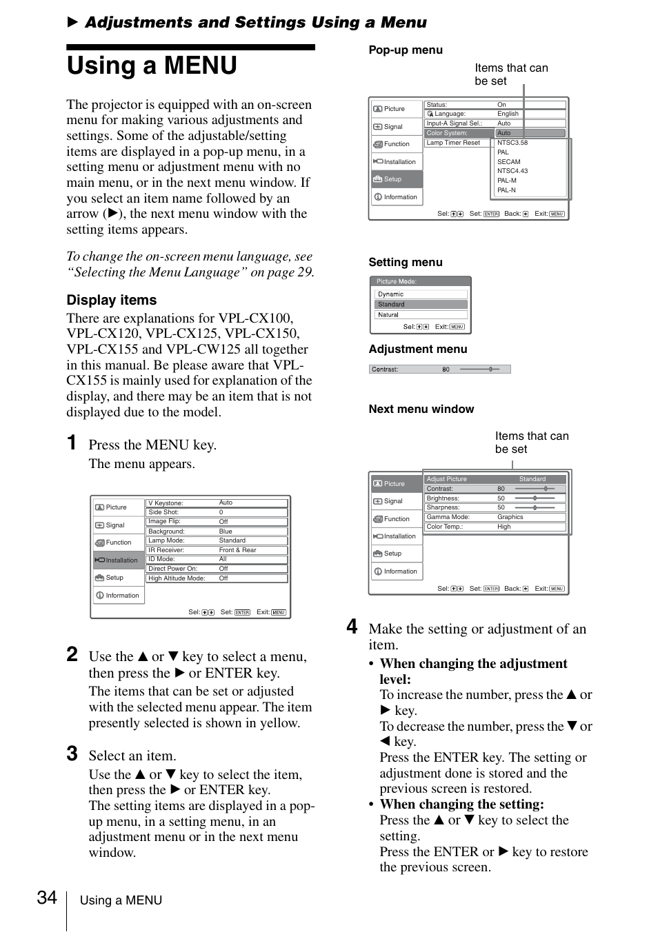 Adjustments and settings using a menu, Using a menu, B adjustments and settings using a menu | Press the menu key, Use the, Key to select a menu, then press the, Or enter key, Select an item, Make the setting or adjustment of an item, The menu appears | Sony Data Projector VPL-CX150 User Manual | Page 34 / 70