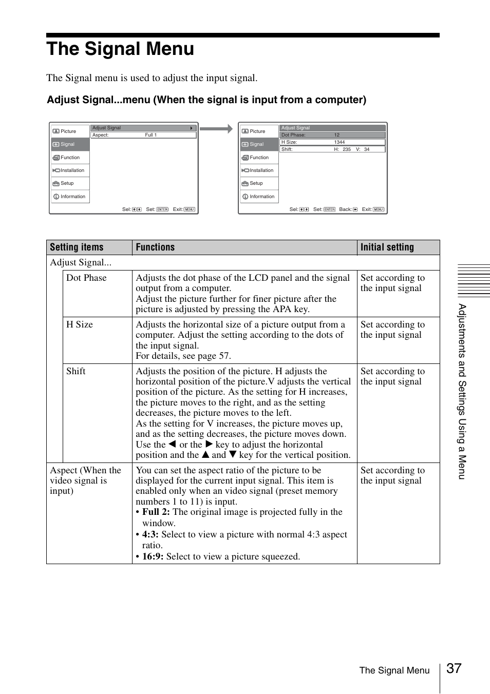 The signal menu, The signal menu is used to adjust the input signal | Sony Data Projector VPL-CX150 User Manual | Page 37 / 70
