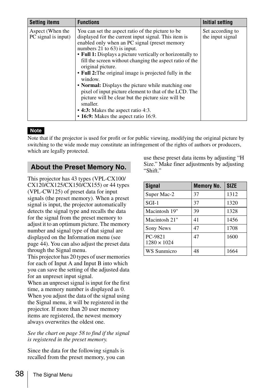 About the preset memory no | Sony Data Projector VPL-CX150 User Manual | Page 38 / 70