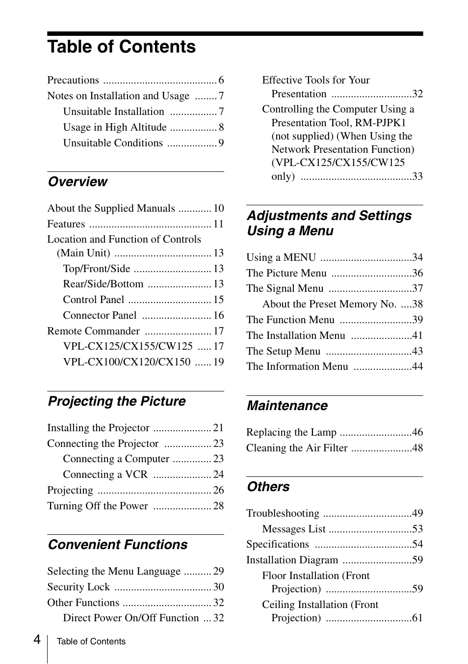 Sony Data Projector VPL-CX150 User Manual | Page 4 / 70