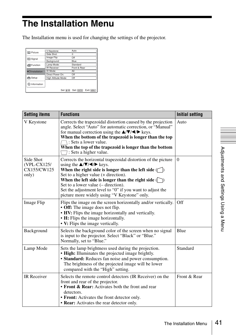 The installation menu | Sony Data Projector VPL-CX150 User Manual | Page 41 / 70