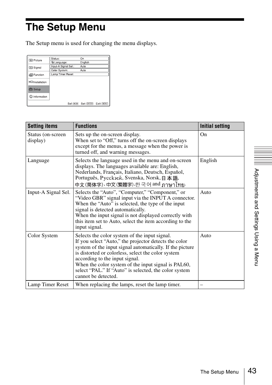 The setup menu | Sony Data Projector VPL-CX150 User Manual | Page 43 / 70