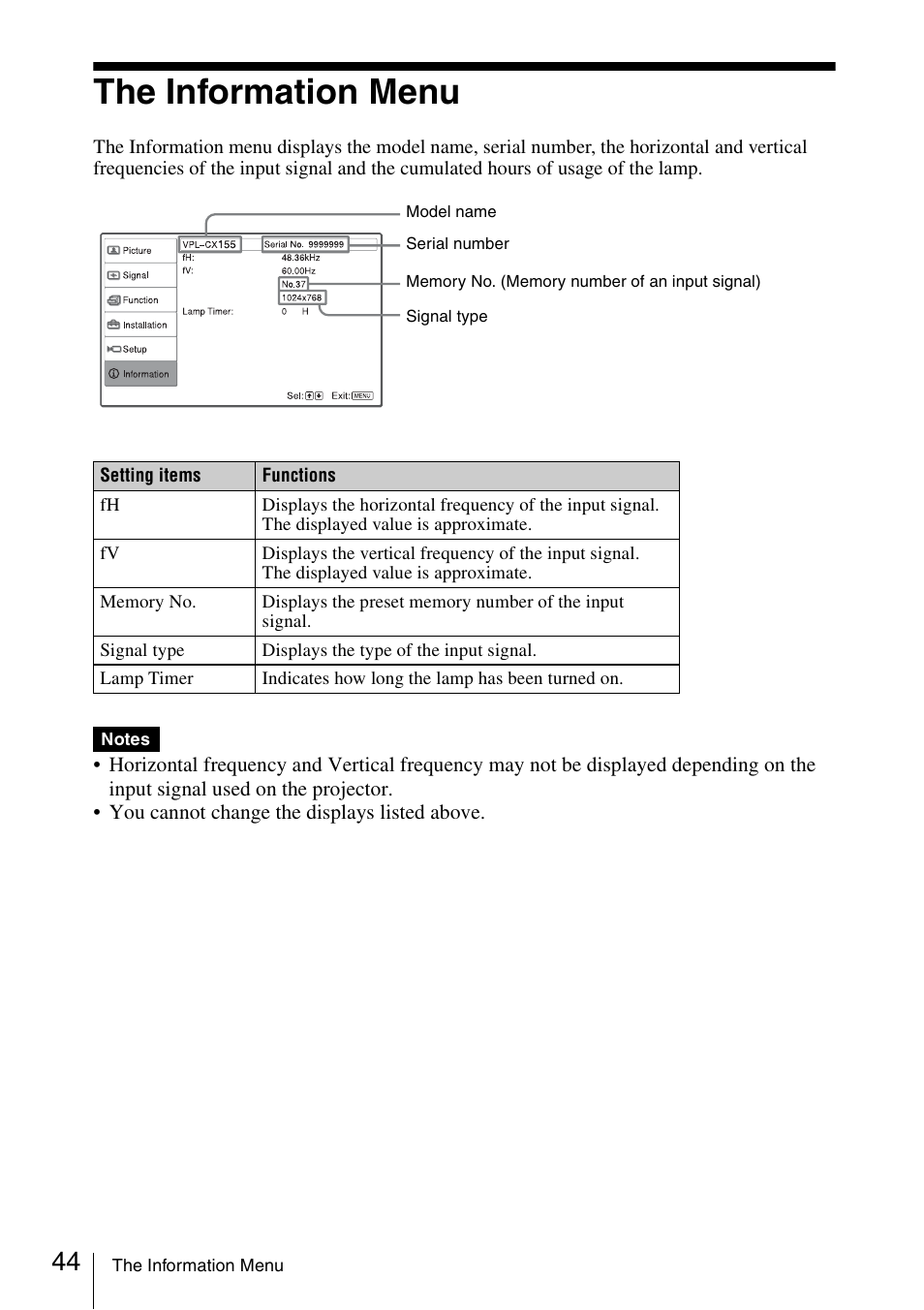 The information menu | Sony Data Projector VPL-CX150 User Manual | Page 44 / 70