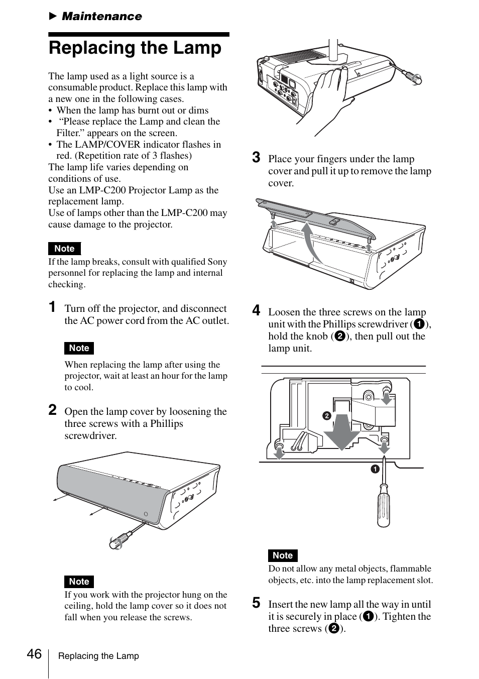 Maintenance, Replacing the lamp, B maintenance | Sony Data Projector VPL-CX150 User Manual | Page 46 / 70