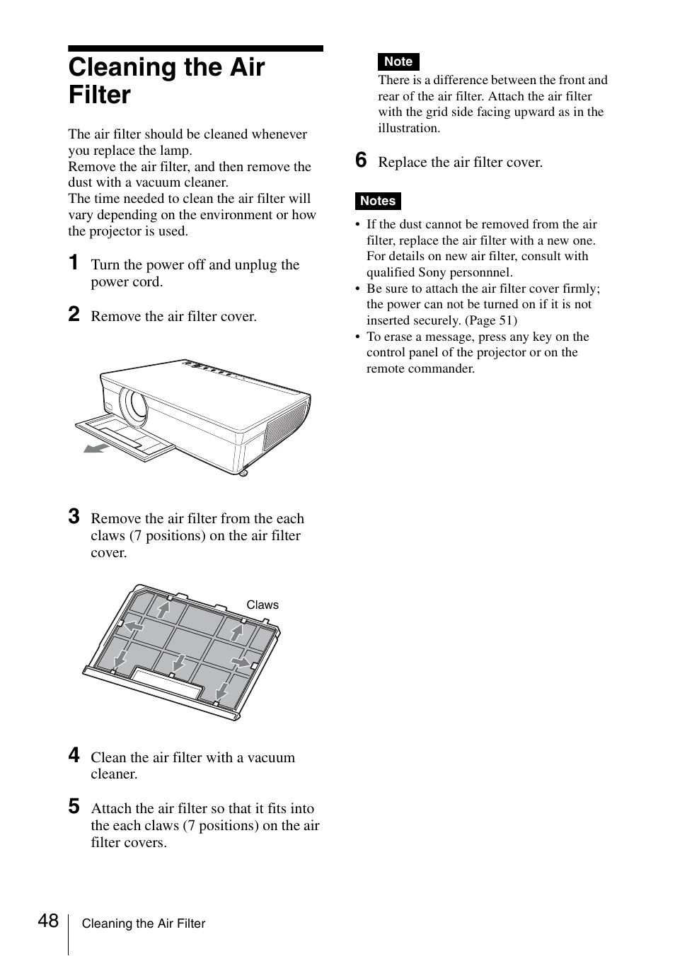 Cleaning the air filter | Sony Data Projector VPL-CX150 User Manual | Page 48 / 70