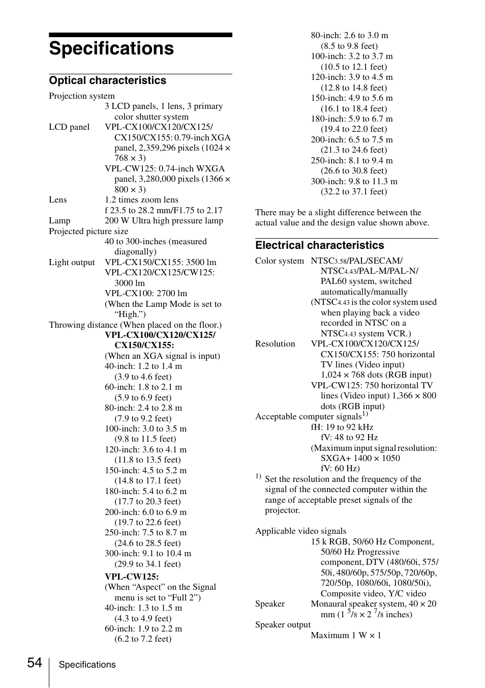 Specifications, Optical characteristics, Electrical characteristics | Sony Data Projector VPL-CX150 User Manual | Page 54 / 70