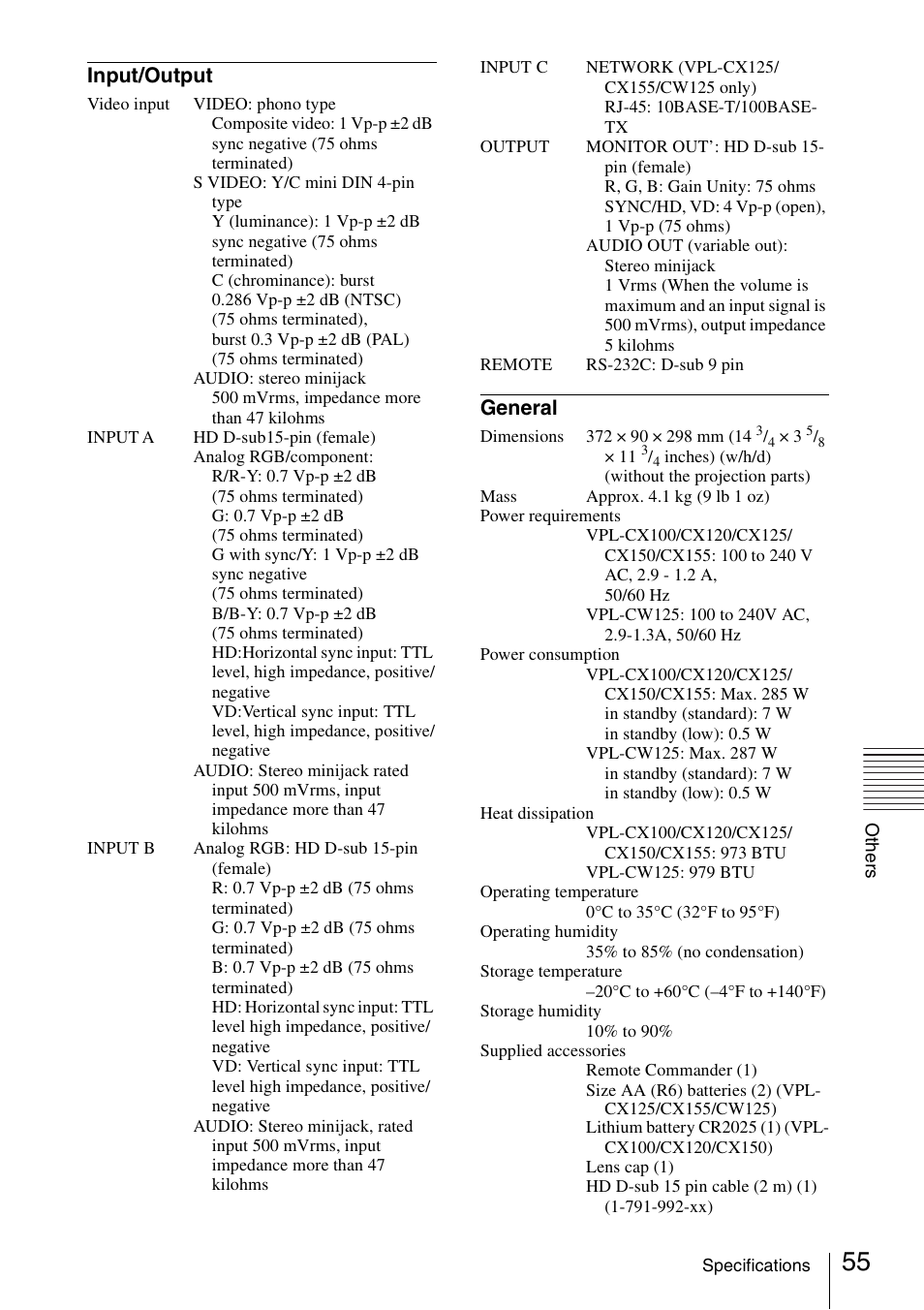 Input/output, General | Sony Data Projector VPL-CX150 User Manual | Page 55 / 70