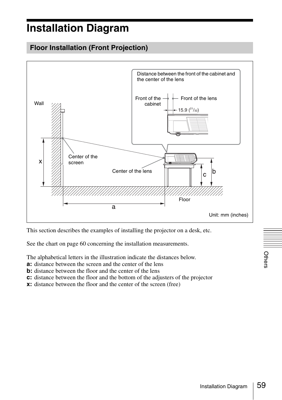 Installation diagram, Floor installation (front projection), Floor installation (front | Projection) | Sony Data Projector VPL-CX150 User Manual | Page 59 / 70