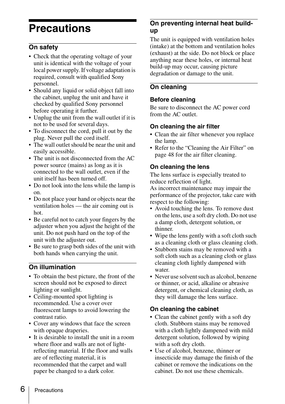 Precautions | Sony Data Projector VPL-CX150 User Manual | Page 6 / 70
