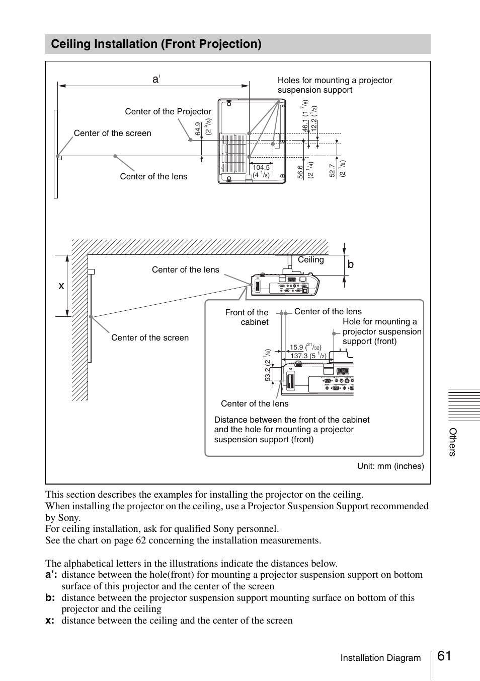 Ceiling installation (front projection), Ceiling installation (front, Projection) | Oth e rs | Sony Data Projector VPL-CX150 User Manual | Page 61 / 70