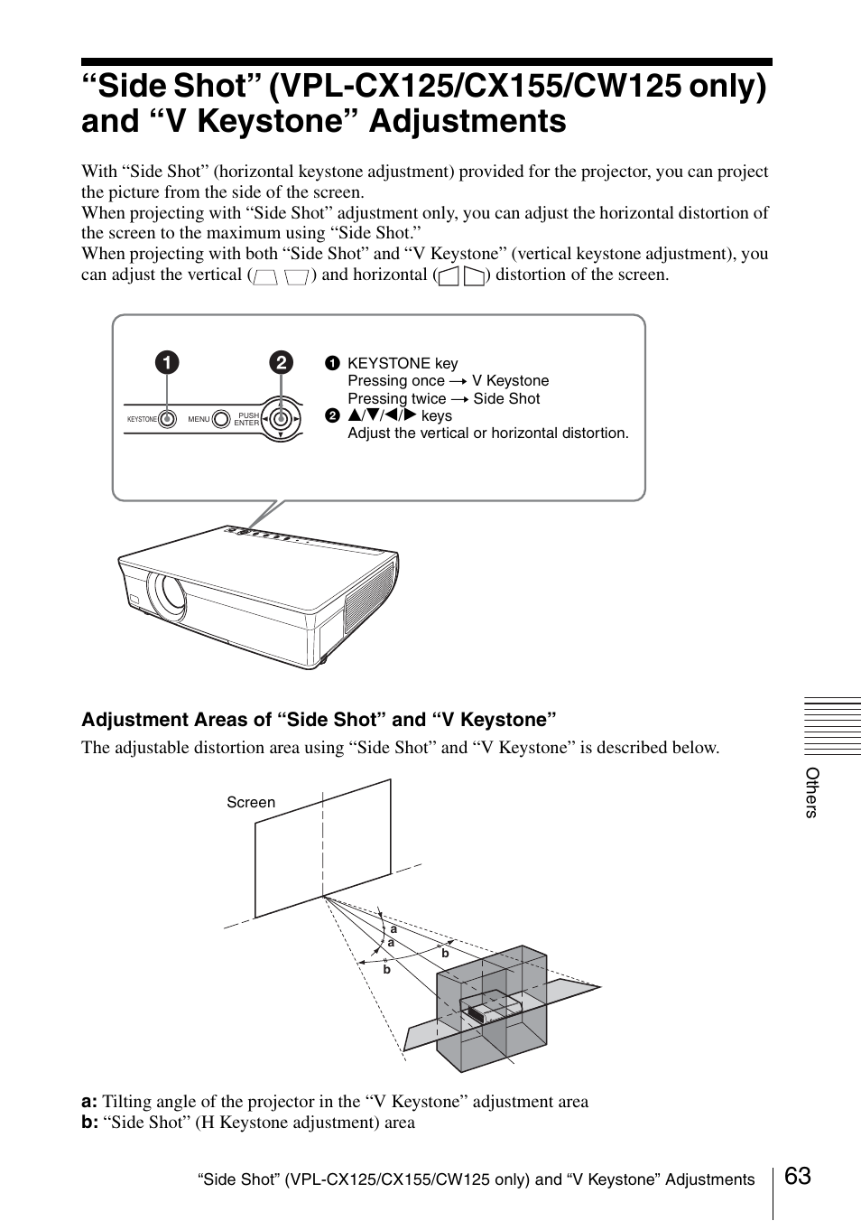 Side shot” (vpl-cx125/cx155, Cw125 only) and “v keystone” adjustments | Sony Data Projector VPL-CX150 User Manual | Page 63 / 70